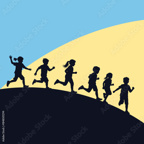 Energetic Silhouettes of Diverse Children Running Uphill on a Vibrant Graphic Background, Symbolizing Growth, Challenge, and Youthful Endeavor