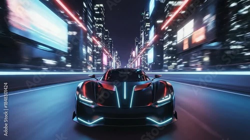 A sports car drives on a city highway at night with light trails from buildings. Concept of speed and technology. 