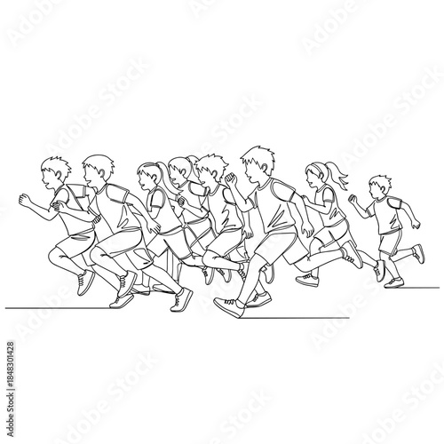 Dynamic Line Art of Diverse Children Running a Race, Embodying Speed, Teamwork, and Healthy Competition in Youth Sports