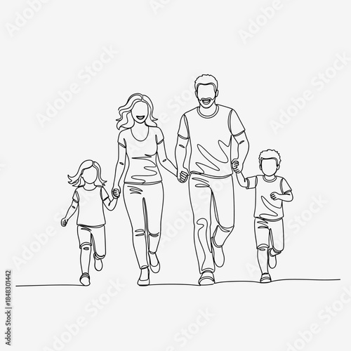 Joyful Family of Four Running Together Holding Hands in Continuous Line Art Illustration