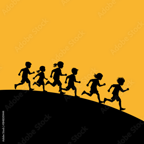 Energetic Silhouette of Children Running Down a Hill, Capturing Childhood Joy and Freedom on a Bright Orange Background