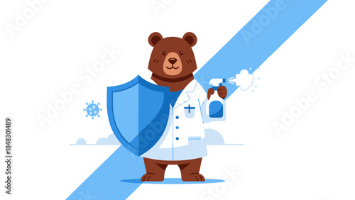 Cartoon bear doctor holding shield and spray bottle with white background