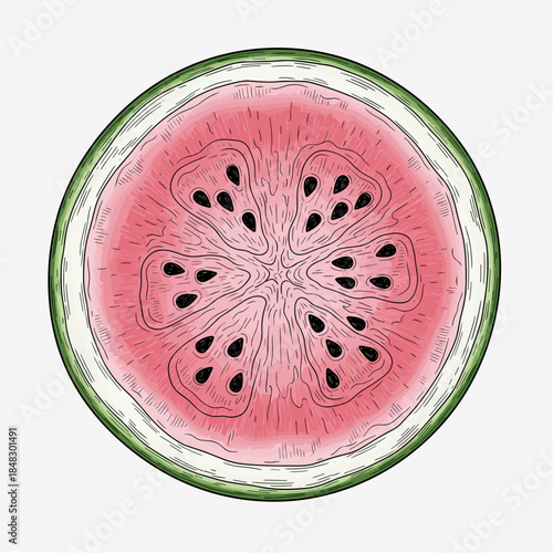 Hand-Drawn Watermelon Slice Illustration with Seeds on White Background - Fresh Summer Fruit Cross-Section Digital Art