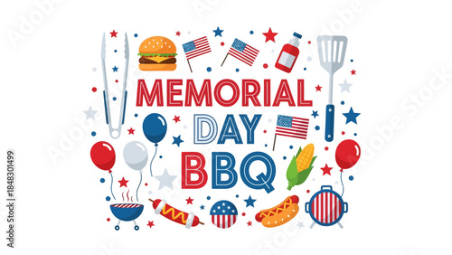 Colorful Memorial Day BBQ illustration with American flags and festive elements
