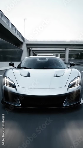A sports car drives on a highway under an overpass. Concept of speed and performance. Vertical video.