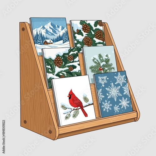 Wooden magazine or postcard holder displaying winter holiday themed postcards and cards with