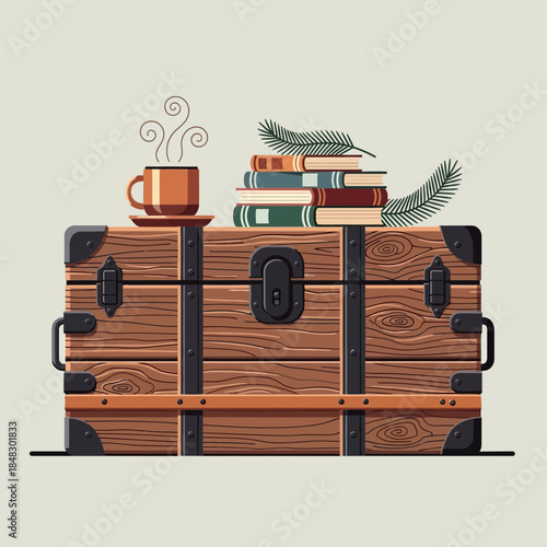 Antique wooden trunk with vintage books and greenery on top combining travel and reading elements