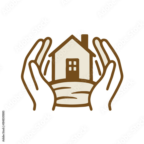 Icon "Community Land Trust" - Land with modest houses, surrounded by community hands (not developers).