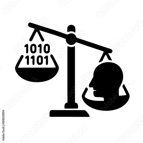 Icon for "Algorithmic Bias" - A tilted scale of justice with binary code on one side and a human face on the other.