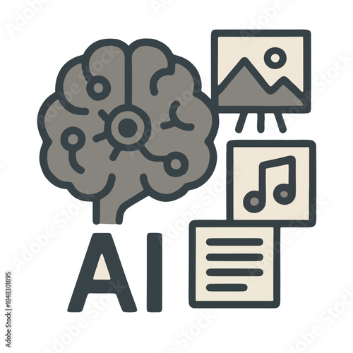 Icon "Generative Artificial Intelligence" - A mechanical brain producing paintings, music, and text.