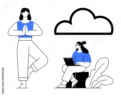 Remote work concept. Remote work combining laptop usage and moments of wellness. Remote work promoting balance through technology and mindfulness. Suitable for workplace balance, mindfulness, tech