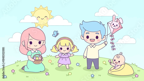 Cute cartoon family enjoying a sunny day outdoors with a kite, basket, and flowers, depicting a joyful spring scene.