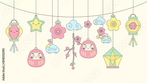 Cute pastel Japanese-style decorations hanging on a string, featuring lanterns, Daruma dolls, stars, clouds, and flowers in a kawaii vector art illustration.