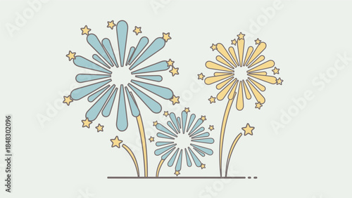 Stylized vector illustration of three fireworks exploding in blue and yellow colors with stars.