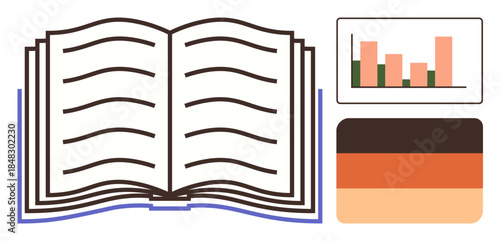 Open book with visible lines, bar chart showing data trends, and a color palette for design. Ideal for education, analysis, design, publishing, creativity learning data visualization. Simple flat
