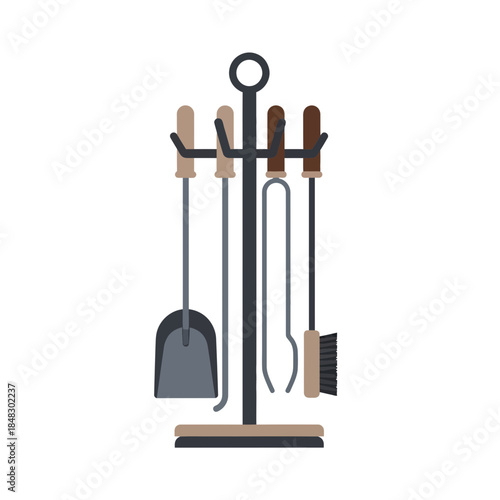 Minimalist illustration of a household cleaning tools stand with essential cleaning accessories