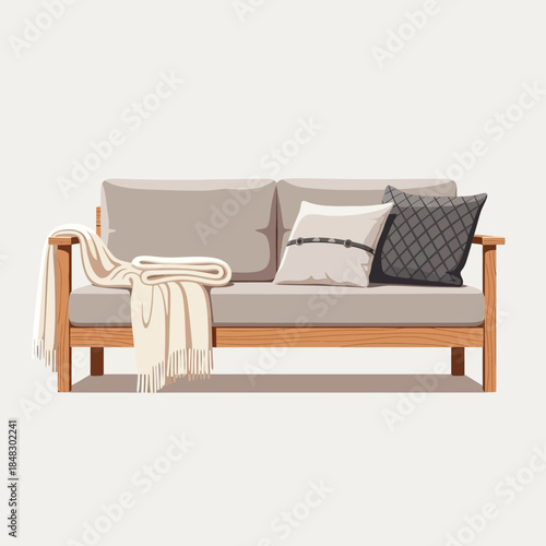 Modern minimalist beige and gray fabric sofa with wooden frame and decorative pillows