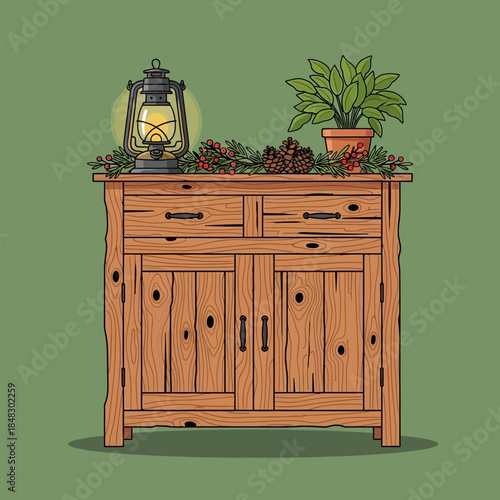 Rustic wooden sideboard with plants and decor elements placed on top against green background