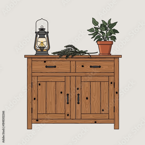 Rustic wooden sideboard with vintage lantern and potted plant decor showcasing natural textures