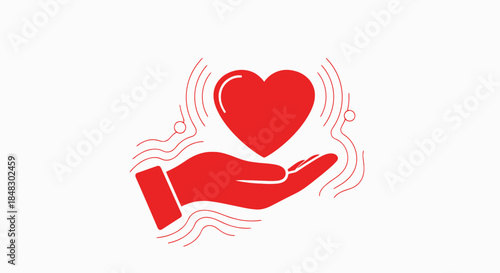 A red hand gently holds a glowing red heart with radiating waves, symbolizing love, care, and support