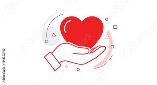 Generosity and care represented by a red heart held in a hand with abstract circular shapes and small triangles in the background, symbolizing charity and support