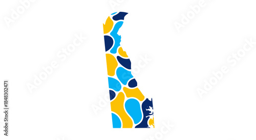 Vibrant abstract geometric pattern intricately fills the outline of Delaware state, showcasing a modern and stylized interpretation of regional identity with bold blue and yellow shapes