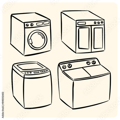 Hand Drawn Washing Machine Doodles Set