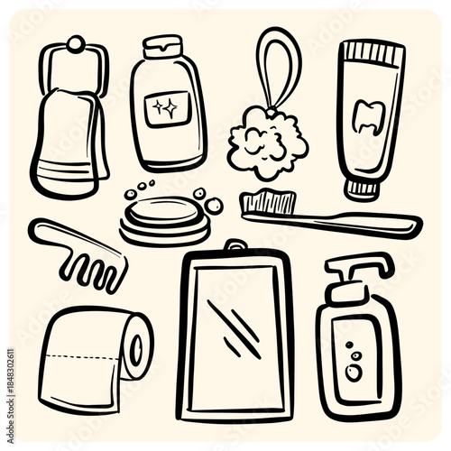 Hand-Drawn Bathroom and Personal Care Doodle Set