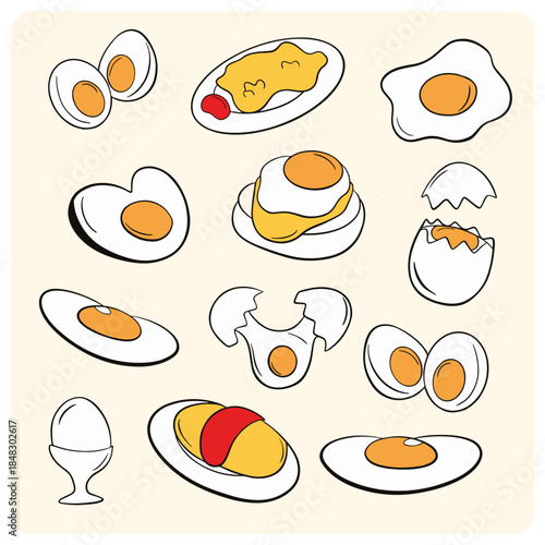 Hand-Drawn Cartoon Fried Egg and Broken Egg Shell Doodle Set