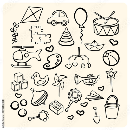 Hand-Drawn Doodle Collection of Classic Childhood Toys and Play Items