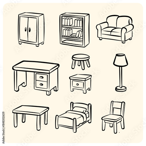Tableau sur toile Hand-Drawn Furniture Set for Home and Office Interior Design Elements
