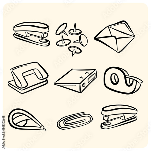 Hand-Drawn Office and School Stationery Supplies Doodles