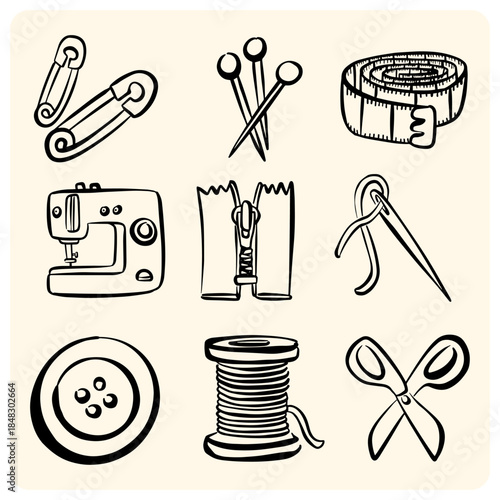 Hand-Drawn Outline Sewing and Tailoring Tools Icons
