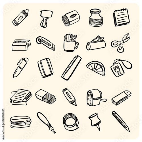Hand-Drawn Stationery and Office Supplies Icons