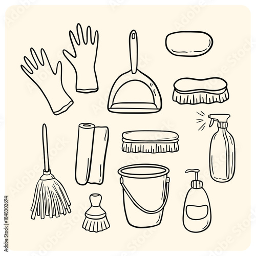 Home Cleaning and Housework Tools Doodle Set
