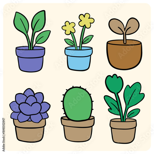 Set of Cute Potted Plants Doodle Illustration