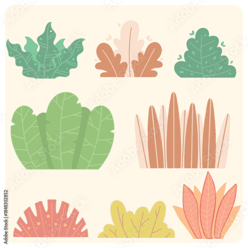 Set of Flat Abstract Tropical Foliage and Bushes