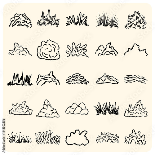 Set of Hand Drawn Sketchy Bushes and Grass Clumps