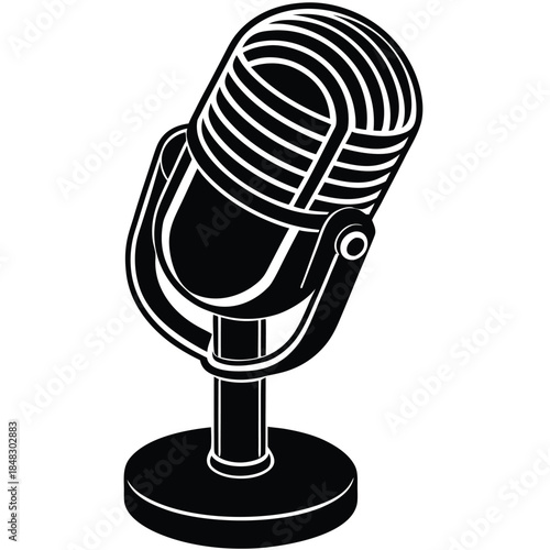 3D render of a sleek, black, retro-style microphone, perfect for music, podcasting, or vintage-themed projects.