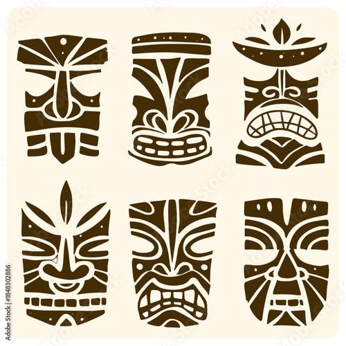 Set of Six Black and White Polynesian Tiki Masks Hand-Drawn Style