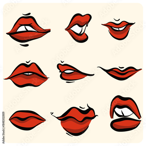 Set of Red Lips in Various Comic and Pop Art Styles