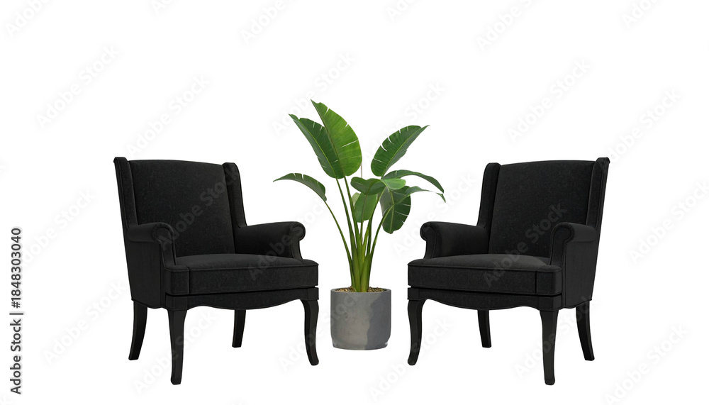 Fototapeta premium Zwei schwarze Sessel mit Pflanze – modernes 3D-Interior - PNG