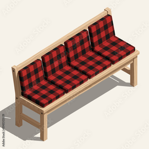 wooden church pew with red and black checkered cushion upholstery indoor seating furniture