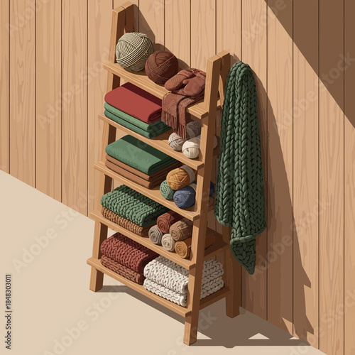 wooden ladder shelf displaying colorful yarns and a green knitted scarf in a cozy corner