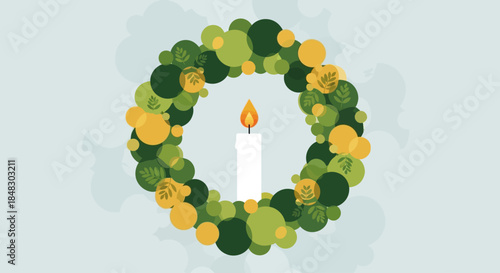 A simple festive wreath with a single lit candle at its center, symbolizing warmth and holiday cheer on a soft background