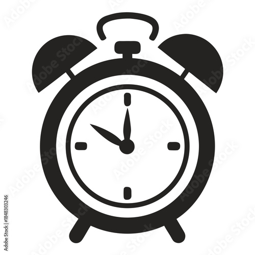 Modern black and white alarm clock icon, representing time and punctuality.