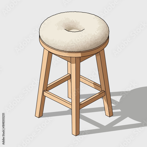 Hand-drawn illustration of a wooden stool with a cushioned round seat featuring a shadow for