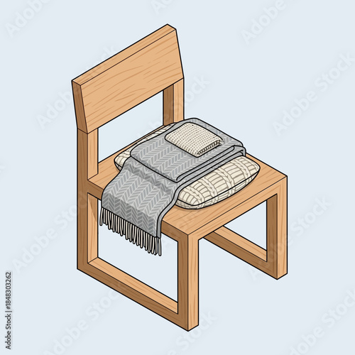 illustration of a wooden chair with neatly folded bed linens and a throw blanket on top