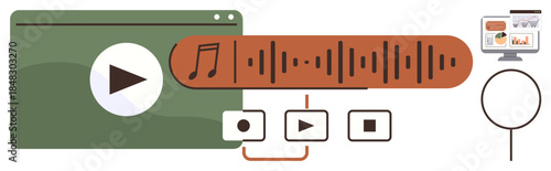 Audio waveform, playback buttons, and data graphs suggest content creation and analysis tools. Ideal for media, podcast, video editing, sound design, technical UI, education minimal flat conceptual