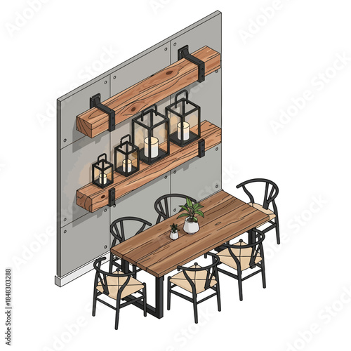 Modern rustic dining area with wooden table and decorative wall shelves for cozy home decor
